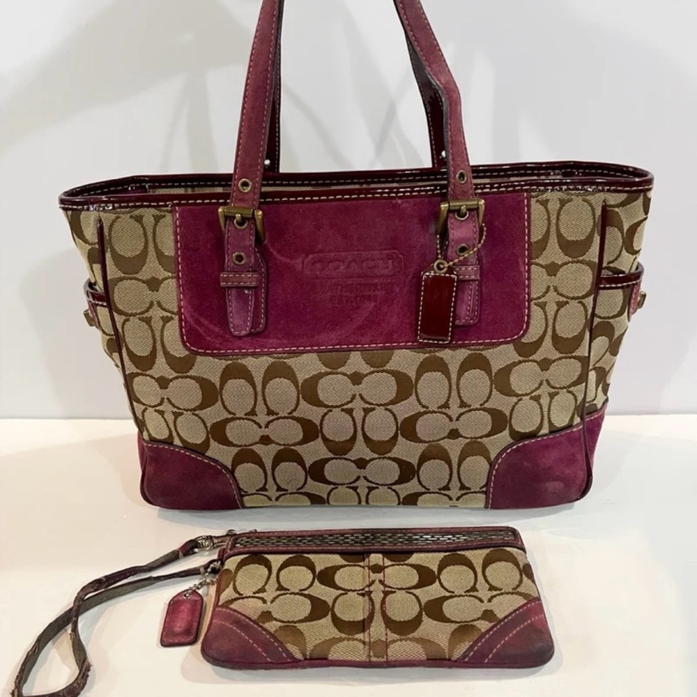 Coach Brown and Pink Signature Tote and Wristlet